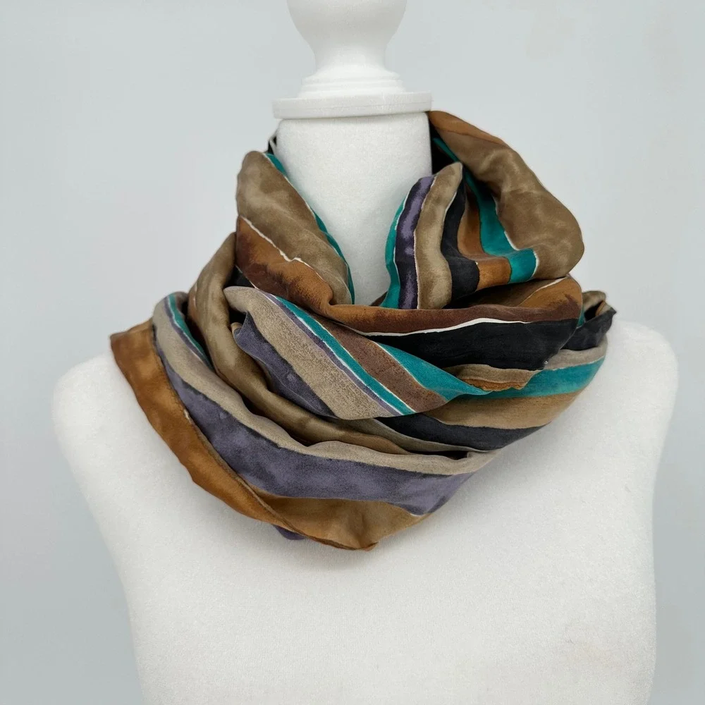 Vintage New STU Silk Fringe Scarf Wrap Stole Gold Teal Stripes 42 x 10
